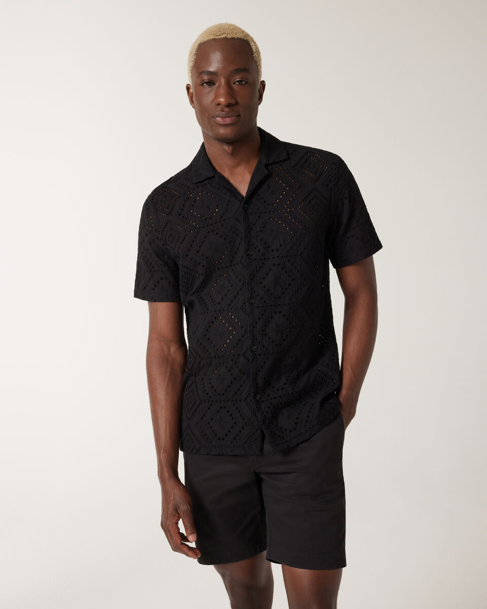 Embroidery Cuban Collar Button-up Shirt, Black, hi-res